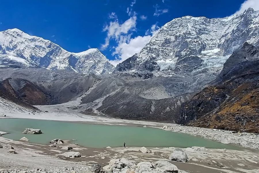 Dudhkunda Lake with snow-capped Himalayan peaks and turquoise glacial water